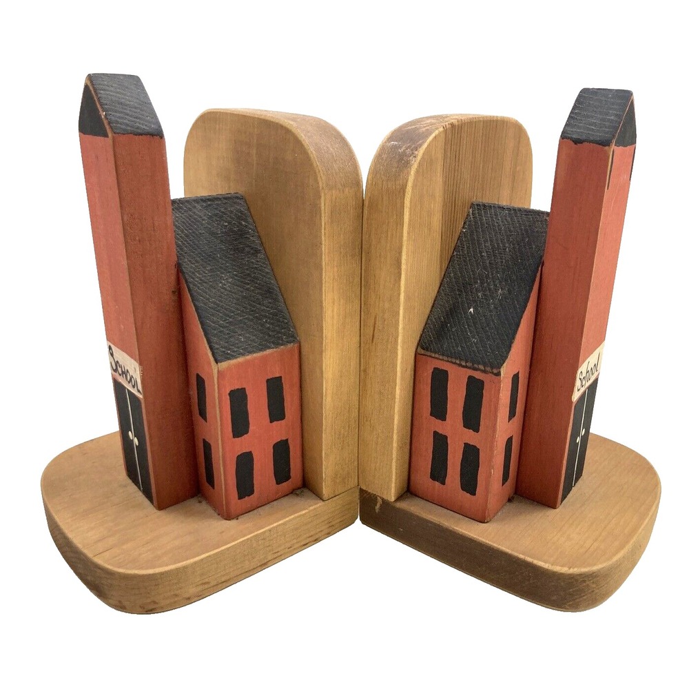 Vintage Wooden Handmade Schoolhouse Bookends Large Pair Red‎ Schoolhouse Teacher